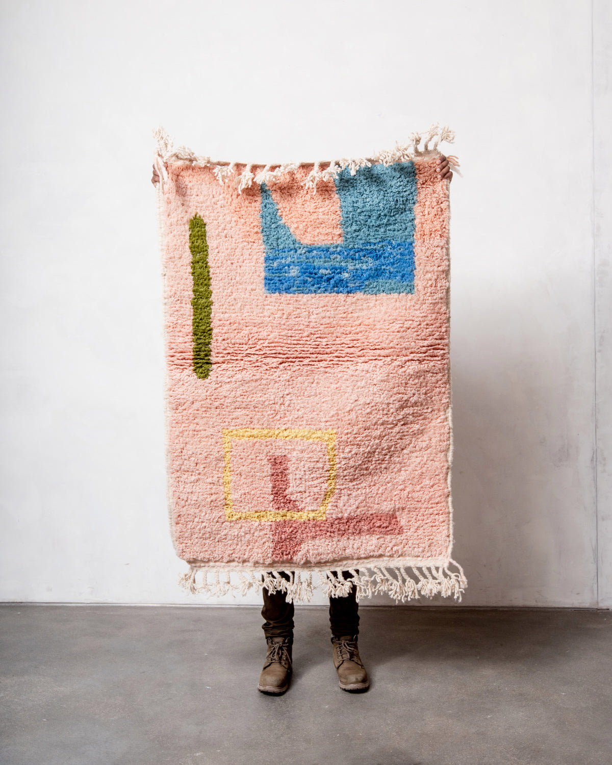Modern, designer, handcrafted Berber rug from Morocco. Beniourain carpet with beautiful colours and patterns and fluffy wool texture.